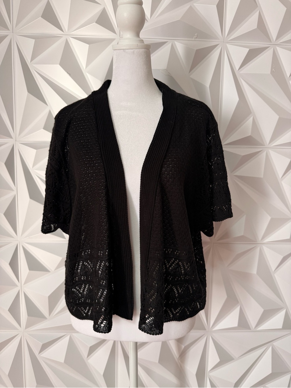 Short-Sleeve Open-Front Black Knit Cardigan